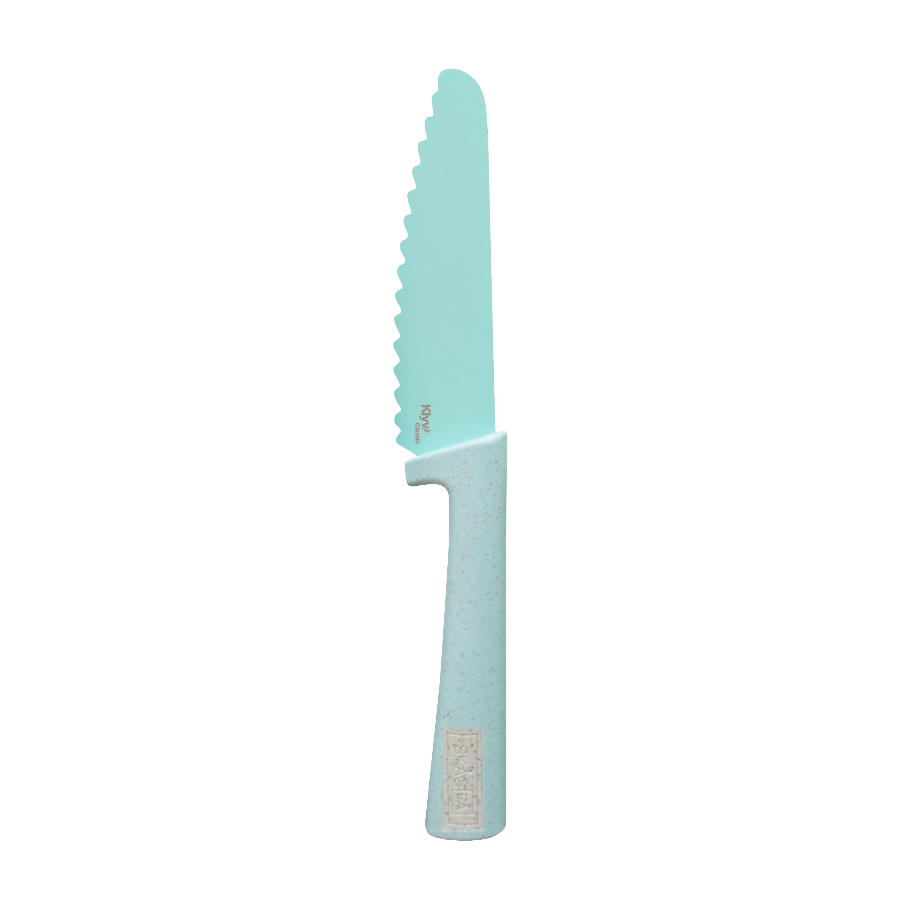 Light blue kids safe knife with a serrated blade on a white background. Scandinavian Design