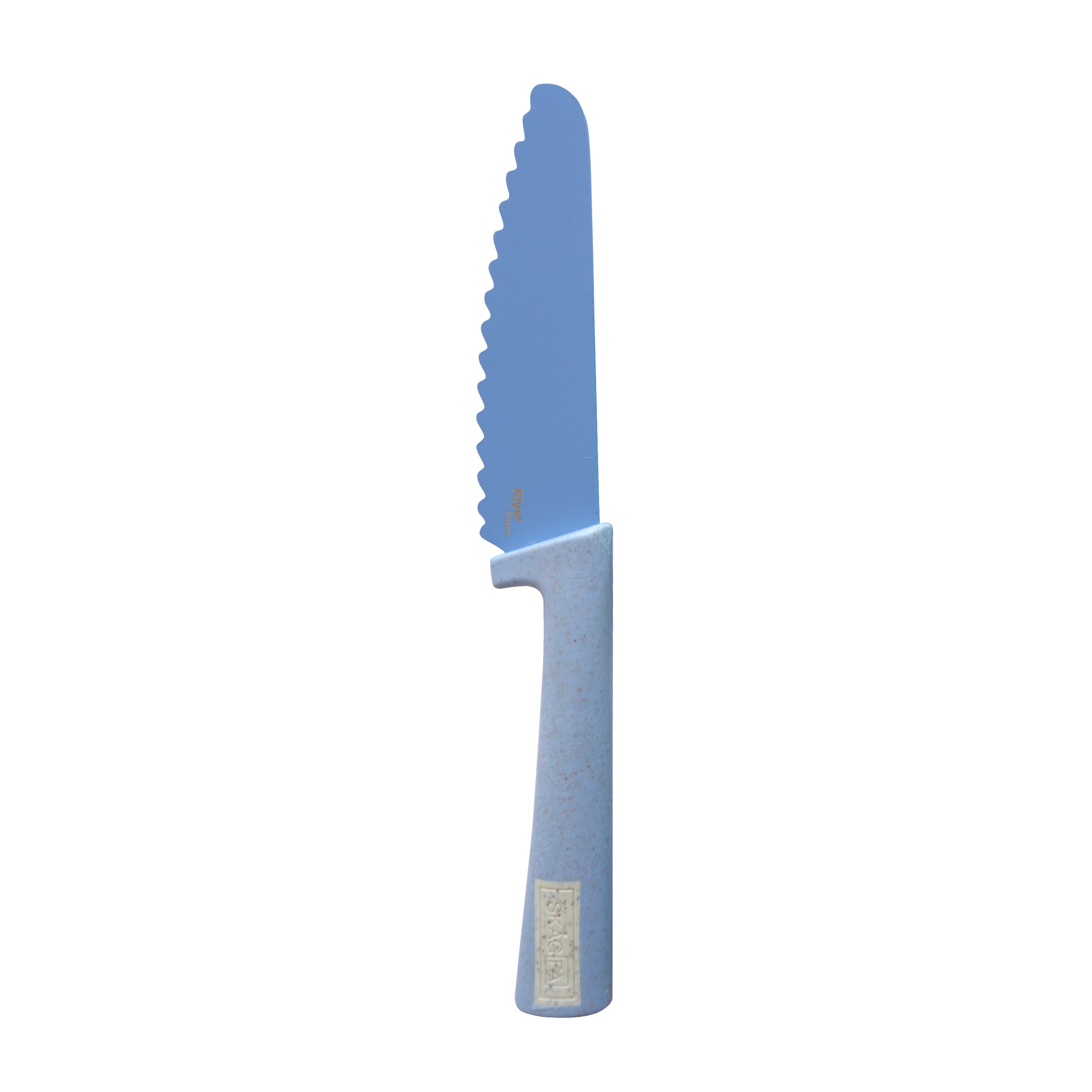 Blue serrated children knife on a white background