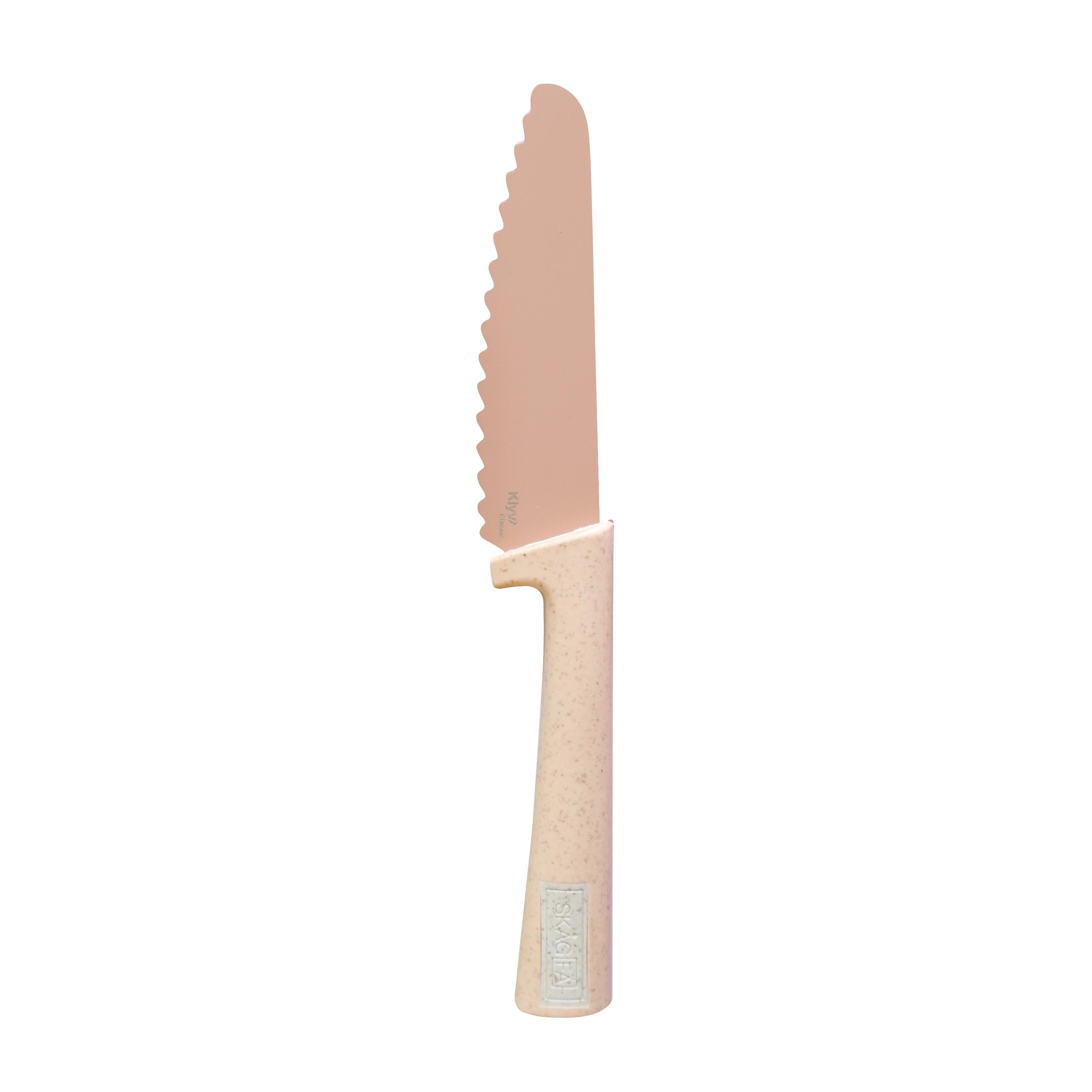 Terracotta kids safe knife with a serrated blade on a white background