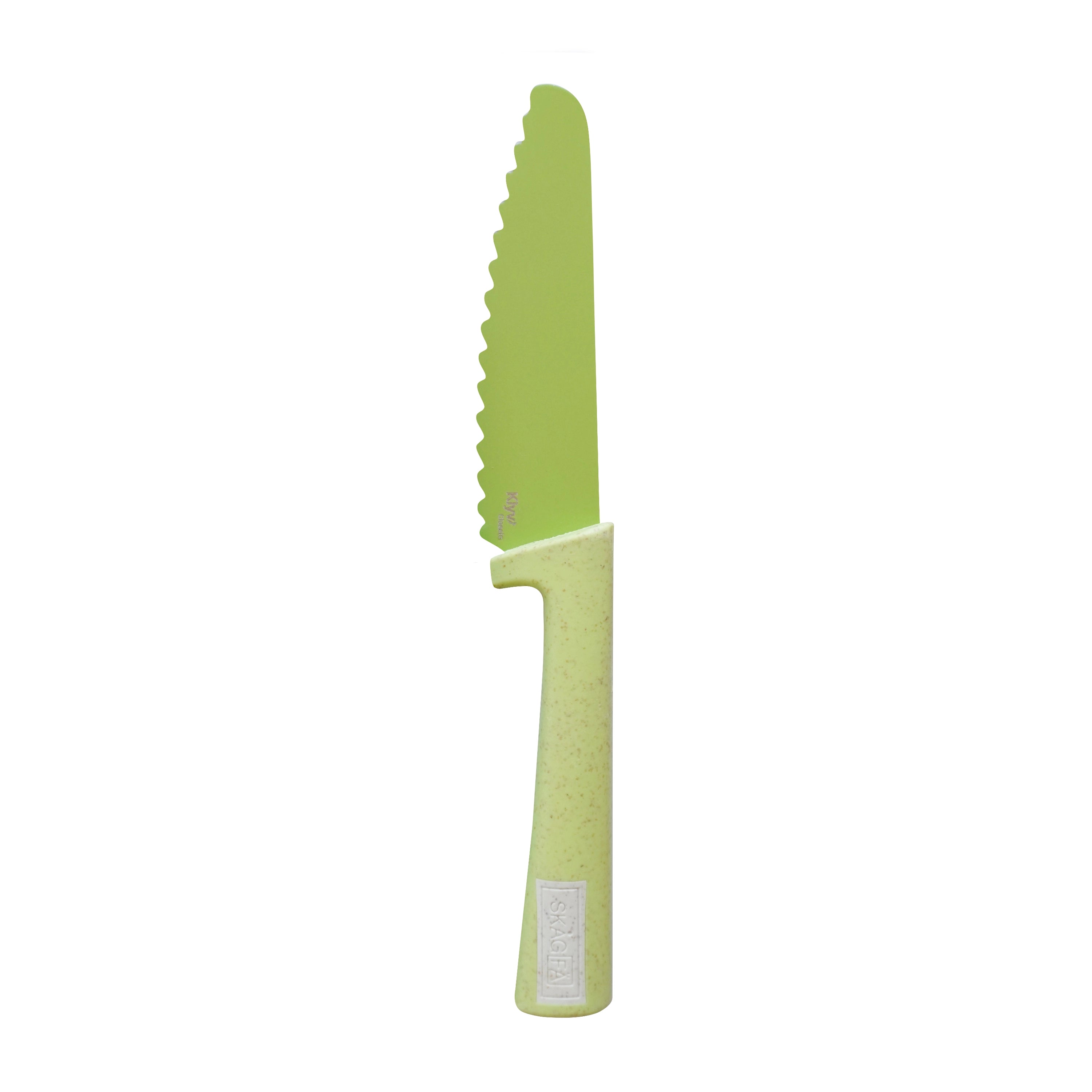 Green serrated kids safe knife on a white background